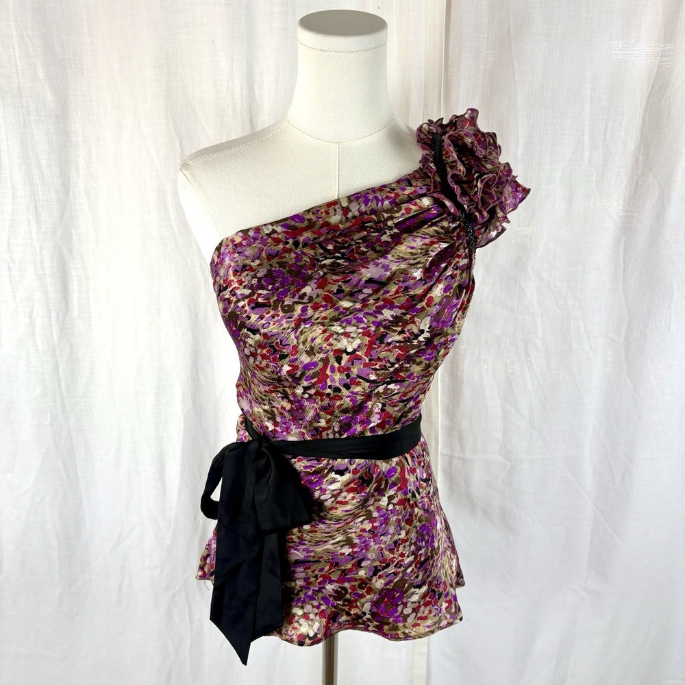 Vintage Bebe Y2K Silk One Shoulder Ruffle Top NWT McBling Floral Dead-stock Sz S